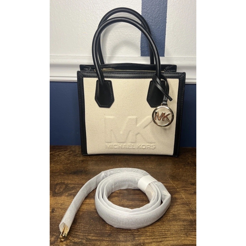 Michael Kors Mercer Medium Logo Embossed Cotton Canvas Crossbody Bag Black